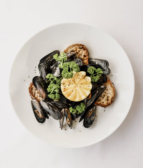 Traditionelles Tessiner Menu Muscheln mit Brot und Zitrone